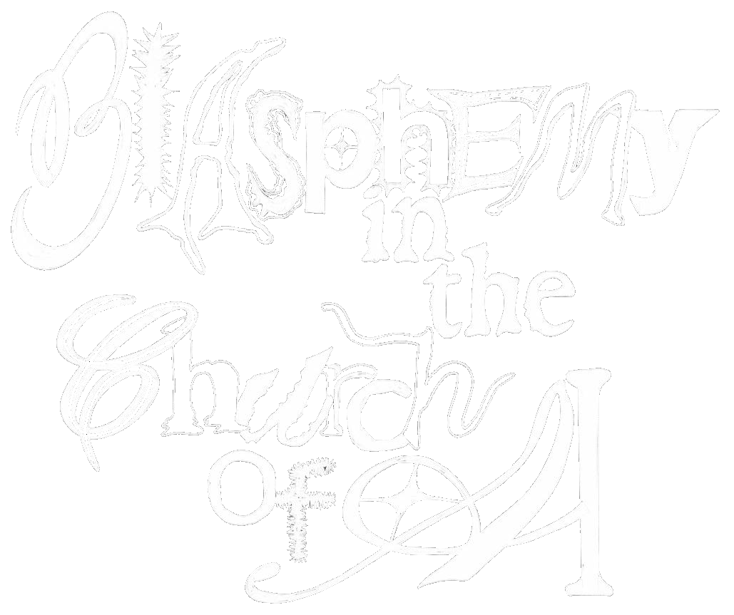 Title of the zine fair, it reads Blasphemy in the Church of AI. The font is a hodgepodge of letters in different fonts, styles, weights, but all in black and white.